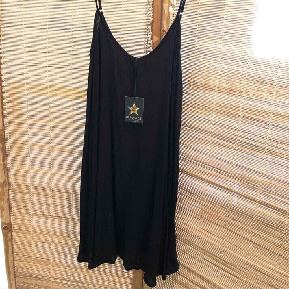 Woman's Adjustable Spaghetti Strap Flared Cami Slip Dress- Living Doll, Black, M